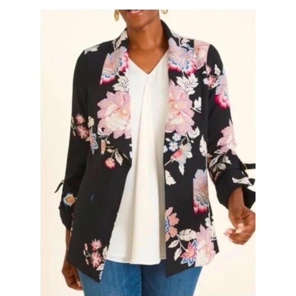 Chico's jacket womens large L drape front soft jacket floral 3/4 sleeve office - Picture 1 of 6